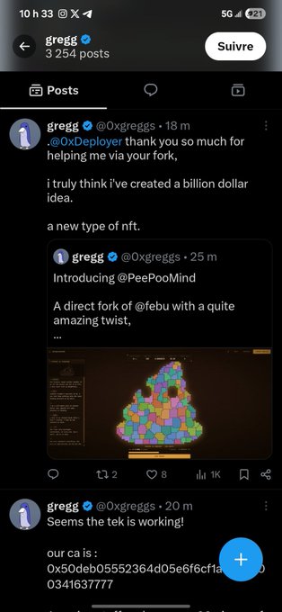 Here is a 1-2 sentence caption describing the image:

Twitter user @0xGreggs shares two tweets about launching PeePooMind, a new type of NFT in this tweet chain. PeePooMind is presented as a fork of another NFT by @febu which became a billion dollar idea.



This image appears to be the tweets from the user @0xGreggs that ultimately launched PeePooMind and refers to @febu's idea which is discussed in the image.