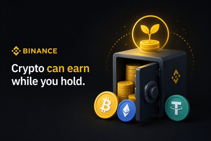 A Binance advertisement featuring a black safe filled with cryptocurrency coins (Bitcoin, Ethereum, Tether) and the tagline 'Crypto can earn while you hold.'