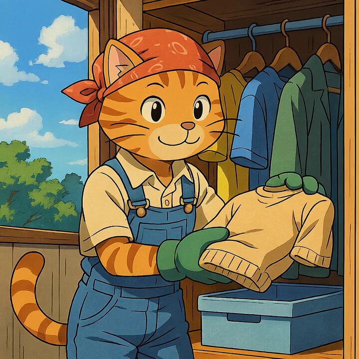 The image features a cartoon cat wearing overalls, holding up a sweater that has been folded and placed inside of an open closet or dresser drawer. The cat appears to be dressed as a wardrobe wizard, possibly performing some sort of magical task related to organizing clothes.
