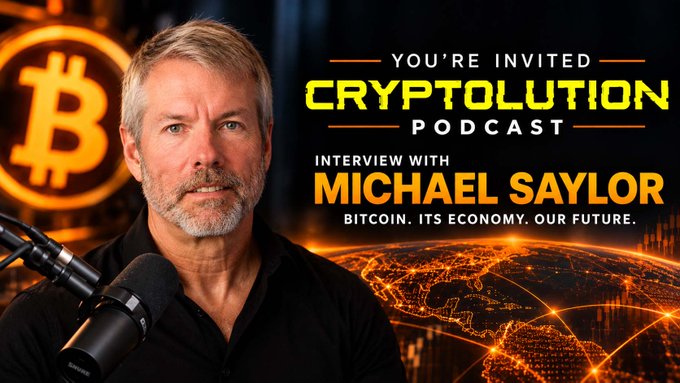 A promotional graphic for the Cryptolution Podcast featuring an interview invite to Michael Saylor about Bitcoin ($BTC), the global economy, and its future. The image shows a bearded man speaking into a microphone alongside a glowing Bitcoin logo and digital globe, with text reading "YOU'RE INVITED — CRYPTOLUTION PODCAST — INTERVIEW WITH MICHAEL SAYLOR — BITCOIN. ITS ECONOMY. OUR FUTURE."