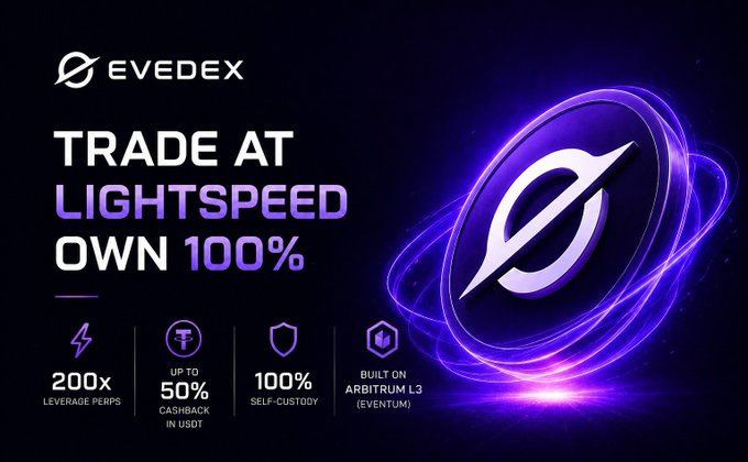 The image features a dark blue background with an eye-catching purple logo at its center that appears to be a circle with a white "O" in the middle, surrounded by a shield design depicting two arrows pointing upwards. In front of the circle is a block containing a list of bullet points accompanied by a percentage sign. Above the bullet points and below it are descriptions of EVEDEX in blue text: "Trade at Lightspeed! Own 100%", "Two lightning fast!", "Built on Arbitrum L3 (Eventum)", and "@EVEDEX". The overall layout suggests that this post is about trade or crypto, focusing on speed and security with a focus on the cryptocurrency market.