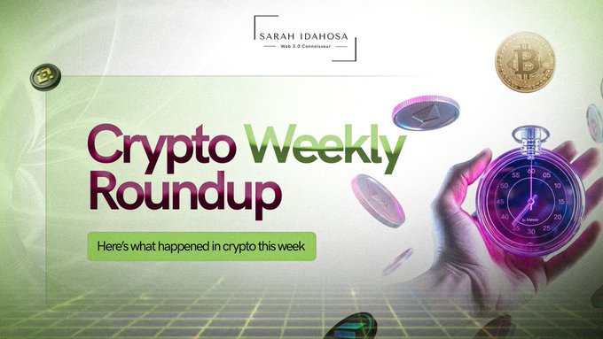 A banner image for "Crypto Weekly Roundup" by Sarah Idahosa (Web 3.0 Contributor), featuring the headline "Here's what happened in crypto this week" alongside a hand holding a glowing stopwatch and floating cryptocurrency coins, visually representing a fast-paced recap of recent crypto developments like Circle's trust bank charter and DeFi regulatory discussions.