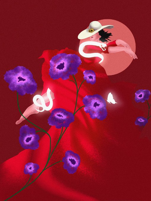 A woman in a flowing red dress and wide-brimmed hat dances with a white snake, surrounded by purple flowers against a deep red background with a large pink moon. The ethereal, serpentine pose embodies the "snake-dancing girl" theme, with the reserve of 0.15 ETH on TransientLabs indicating this as a piece of NFT artwork.