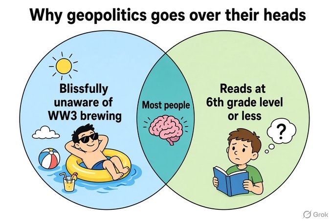 A Grok-generated Venn diagram titled 'Why geopolitics goes over their heads' showing the overlap between people 'Blissfully unaware of WW3 brewing' and those who 'Reads at 6th grade level or less'.