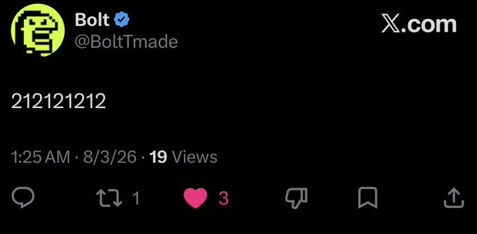 A tweet from verified account @BoltTmade displaying the number "212121212" with 19 views, 1 retweet, and 3 likes.