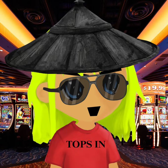 A cartoon character wearing sunglasses, a large black hat, and a red shirt reading "TOPS IN" stands in front of a casino floor with slot machines displaying "$19,99," the hat and confident pose symbolizing the bold prediction of a "Hood Lords" NFT collection reaching a 1 ETH floor price.
