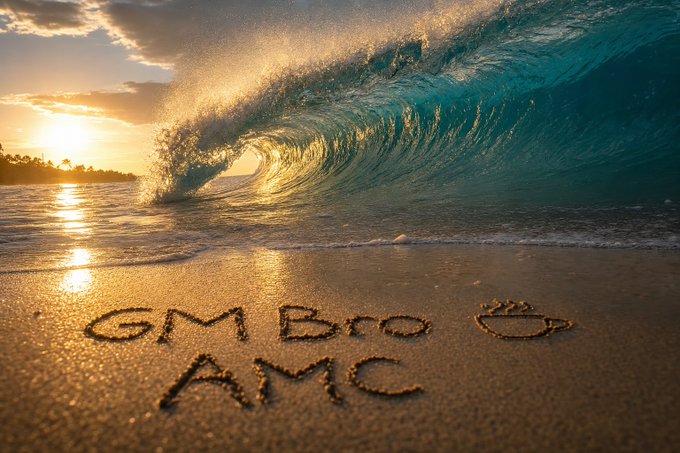 The image features a beach scene with a large wave crashing onto the shoreline. The text "GM and Happy Monday from AMC Glassy mornings, green candles" can be seen written in the sand near the water's edge. This message seems to be related to the content of the post on social media or a personal message shared by someone who enjoys beach activities and movies featuring the character "AMC".