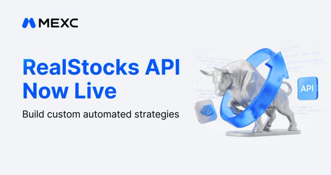A promotional banner from MEXC announcing that the RealStocks API is now live, allowing users to 'Build custom automated strategies,' featuring a 3D bull statue with blue ribbon accents.