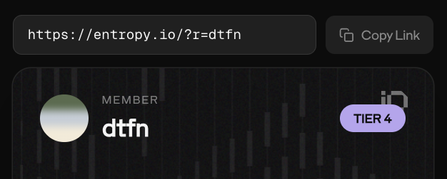 A screenshot showing a referral link "https://entropy.io/?i=dtfn" for a member named "dtfn" at TIER 4.