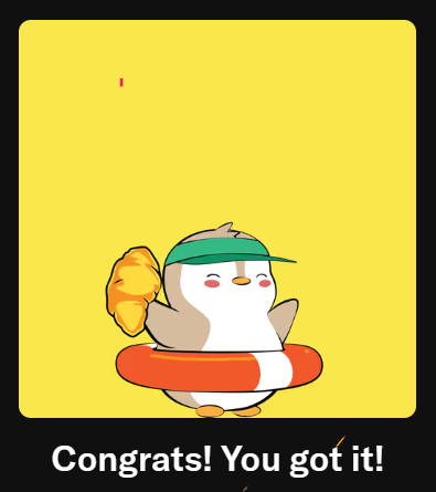 The image features a cute cartoon penguin standing in the center of an orange pool with its head hanging above water. The pool has a small red boomerang next to it, adding an element of fun to the scene. Above the pool, there is a bright yellow background, making it stand out even more. 

In addition to the main elements present in the image, there are also two smaller penguins located at the top left and bottom right corners. The image appears to be related to social media or some form of online community, as indicated by the post that congratulates the penguin for having its first pool adventure and mentions an NFT (Next-Release Token).