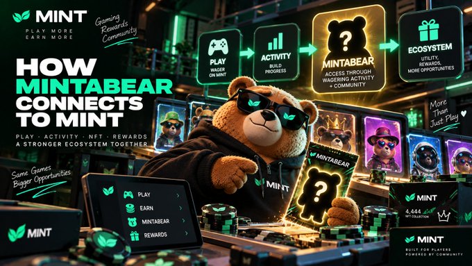 A promotional graphic for MINT titled 'HOW MINTABEAR CONNECTS TO MINT' showing a bear mascot in sunglasses with a flow from PLAY to ACTIVITY to MINTABEAR to ECOSYSTEM.