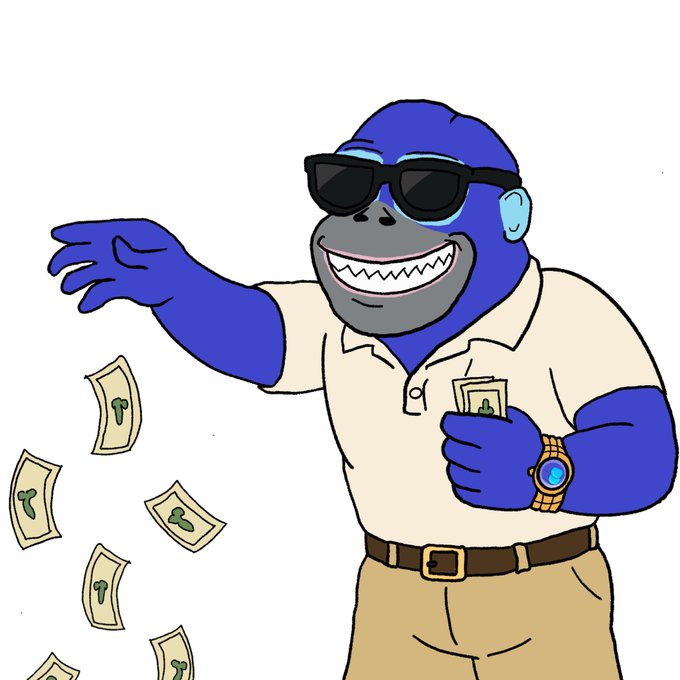 A cartoon blue gorilla wearing sunglasses and a gold watch, tossing dollar bills while holding a stack of cash.
