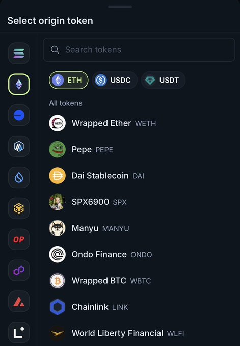 A dark-themed cryptocurrency token selection interface titled 'Select origin token', showing popular tokens like ETH, USDC, USDT, WETH, Pepe, DAI, SPX6900, Manyu, Ondo Finance, WBTC, Chainlink, and World Liberty Financial.