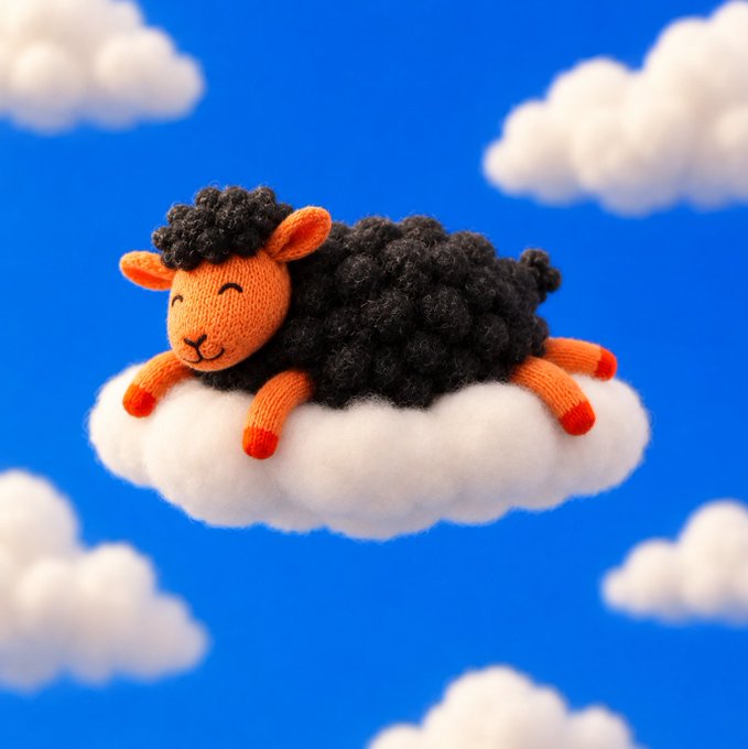 A crocheted black sheep with an orange face and legs sleeps peacefully on a fluffy white cloud against a bright blue sky, fittingly symbolizing the "cool guy" phrase and the dreamy anticipation of the poster's upcoming coin launch.