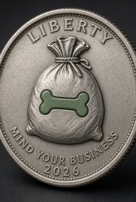 A close-up of a 2026 novelty coin featuring a sack of money with a dog bone in the center, inscribed with 'LIBERTY' and 'MIND YOUR BUSINESS'.