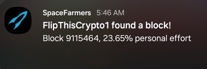 A screenshot of a dark-themed messaging interface from a user named 'SpaceFarmers' announces 'FlipThisCrypto1 found a block!' for Block 9115464 with 23.65% personal effort.