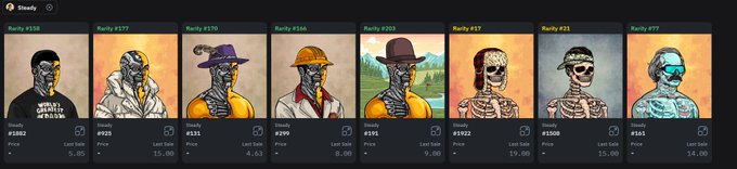 Steady platform interface showing multiple NFT rarity rankings (#264, #577, #2566, #2663, #927, #921, #977) featuring zombie and skeleton character illustrations.