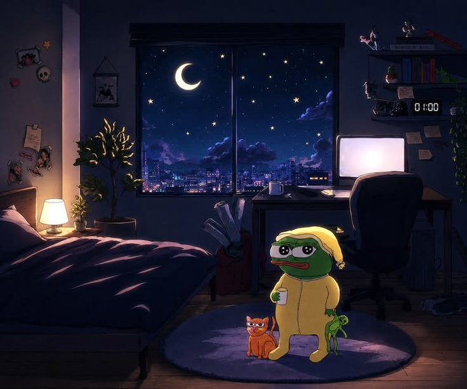 An anime-style illustration of a Pepe the Frog character wearing yellow pajamas and a nightcap, standing in a cozy bedroom at night holding a cup, accompanied by a small orange cat and green frog, with a crescent moon visible through the window.