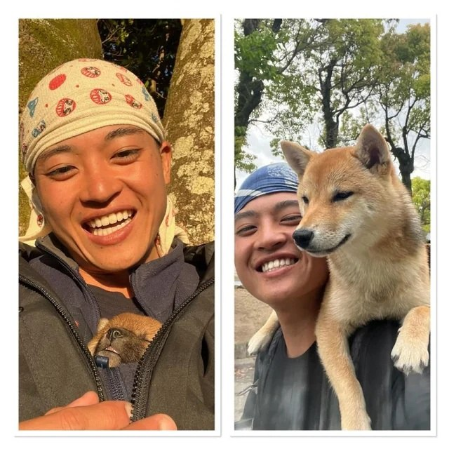 A two-panel selfie collage: on the left, a smiling young man wearing a patterned headband holds a small bird tucked in his jacket; on the right, the same man poses outdoors with a Shiba Inu dog resting on his shoulder.