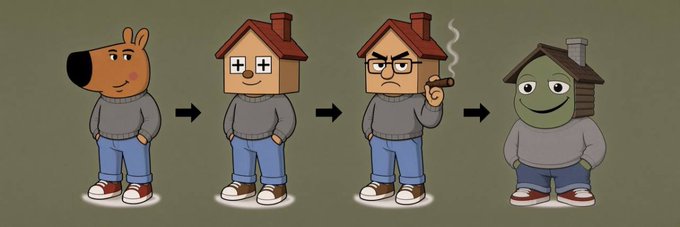 A progression illustration showing four cartoon figures: a dog-headed person, transitioning to a house-headed person, then a grumpy house-headed person smoking a cigar, and finally a green frog-headed house character.