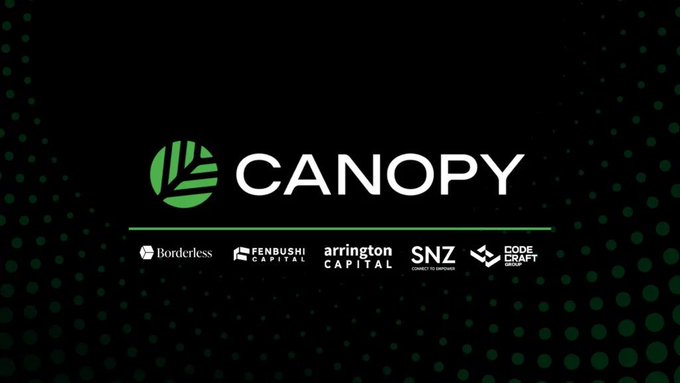 The Canopy logo in white and green appears on a black background with partner logos below: Borderless, Fenbushi Capital, Arrington Capital, SNZ, and Code Craft.
