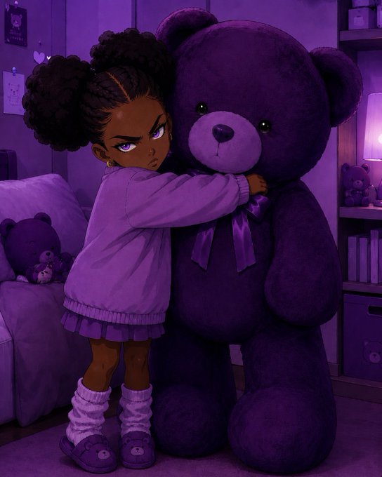 An illustration of a young Black girl with puffy purple hair hugging a large purple teddy bear in a purple-themed bedroom.