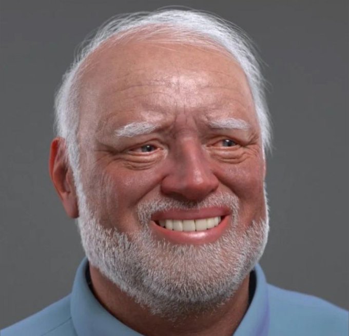 An elderly man with a white beard forces a wide, strained smile while tears well up in his eyes, capturing forced optimism masking financial despair. The expression perfectly embodies the painful irony of convincing a friend to invest in Bitcoin only to watch its value plummet the next day.