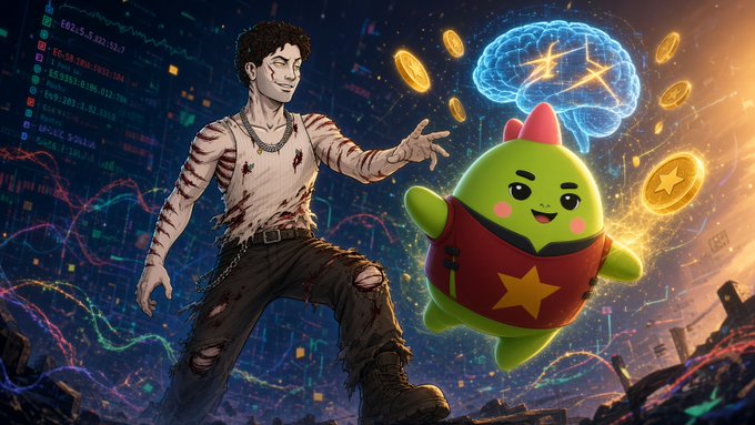 A digital illustration showing a zombie-like man in tattered clothes standing next to a cute green blob character wearing a red vest with a yellow star, set against a backdrop of floating coins and a glowing blue brain.