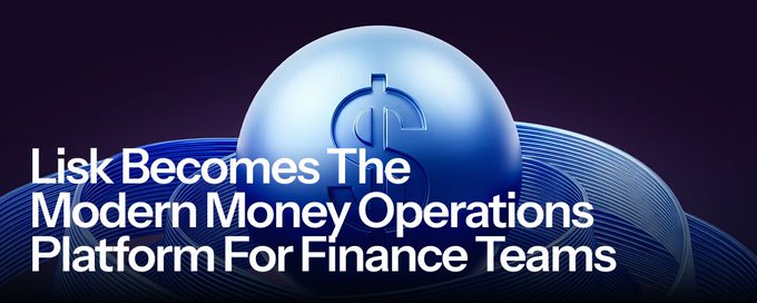 A blue promotional banner for Lisk stating 'Lisk Becomes The Modern Money Operations Platform For Finance Teams' with a large 3D dollar sign sphere in the background.