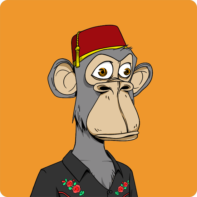 A digital illustration of a Bored Ape-style NFT monkey wearing a red fez hat and a black shirt with red rose embroidery on an orange background.