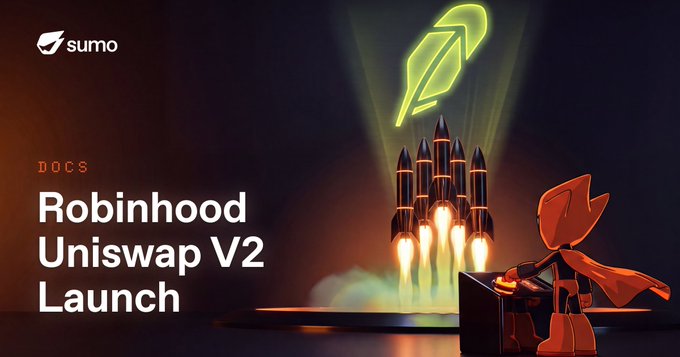 A blog header image with the "sumo" logo reads "DOCS: Robinhood Uniswap V2 Launch" alongside an illustration of a rocket lifting off and a fox-like character pressing a launch button.