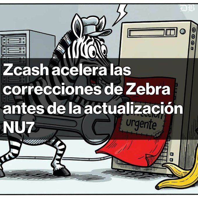 An illustration of a zebra wearing a hat holding a red flag with 'urgente' written on it accompanies Spanish text reading 'Zcash acelera las correcciones de Zebra antes de la actualización NU7'.