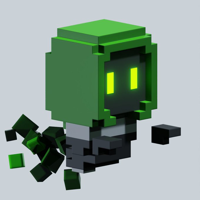 A 3D rendered voxel-style character resembling a green hooded figure with glowing yellow eyes, appearing to break apart into cubes.