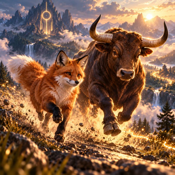 A fantasy digital artwork depicts a fox and a bull charging across a rocky landscape with glowing mountains and waterfalls in the background.