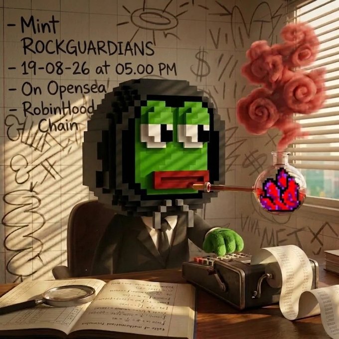 A pixel-art green character in a suit smoking a bong filled with pixelated crystals, with text reading 'Mint ROCKGUARDIANS - 19-08-26 at 05.00 PM - On Opensea - Robinhood Chain'.