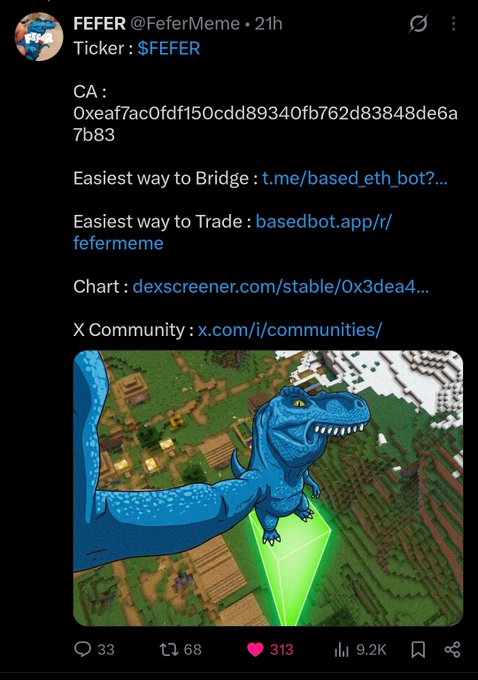 A tweet from @FeferMeme promotes the $FEFER token with a contract address (0xeaf7ac0fdf150cdd89340fb762d83848de6a7b83), bridging/trading links, and a chart, accompanied by an image of a blue cartoon dinosaur standing on a green cube in a Minecraft-style landscape. The accompanying post compares $FEFER to early $SHIB (2021) and $PEPE (2023), suggesting the meme coin is gaining similar community traction through its growing "fefer army."