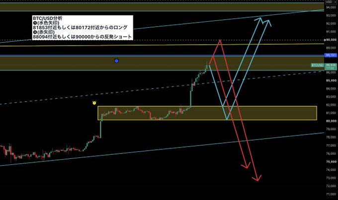 BTC/USD Japanese technical analysis chart analyzing long positions from 80,172 with a short setup near 88,094 towards a 90,000 reversal short.