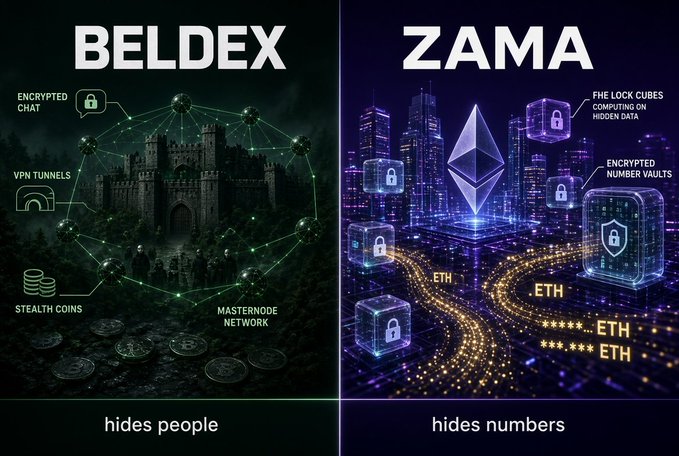 An infographic compares two cryptocurrency privacy projects: 'BELDEX' (which 'hides people' with features like Encrypted Chat, VPN Tunnels, Stealth Coins, and Masternode Network shown around a castle), and 'ZAMA' (which 'hides numbers' using FHE Lock Cubes and Encrypted Number Vaults displayed around a cityscape with ETH logos).