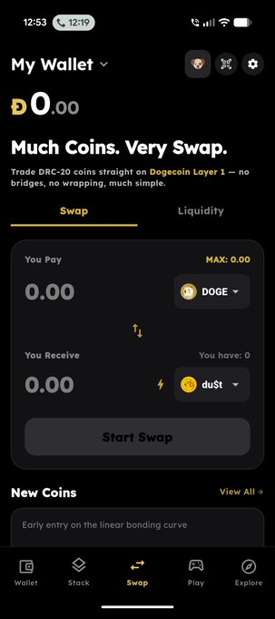 A mobile app screenshot of a Dogecoin Layer 1 wallet called 'My Wallet' showing a balance of 0.00 DOGE with a Swap interface for trading DOGE and du$t tokens.