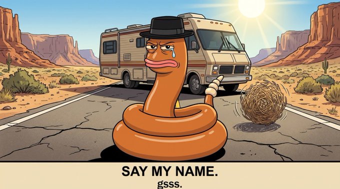 A cartoon illustration of an anthropomorphic pile of feces wearing a black hat and crying, sitting on a desert road with an RV in the background, captioned 'SAY MY NAME. gssss.'