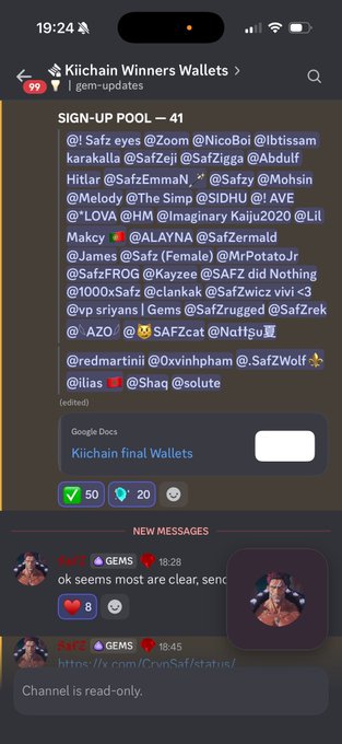 Telegram chat screenshot titled 'KiiChain Winners Wallets' showing a sign-up pool list of 41 participants, a Google Doc link for final wallets, and discussion about GEMs tokens.