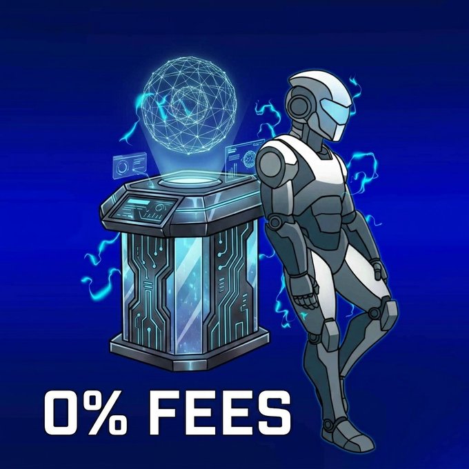 A sleek humanoid robot stands beside a glowing tech pedestal emitting holographic data and energy, with bold text reading "0% FEES" at the bottom—visually reinforcing the post's message about zero platform fees now being live on ToknDeal for secure, royalty-free NFT OTC trading on Ethereum and ApeChain.