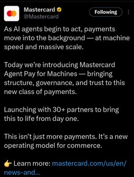 The image features a black background with white text, which reads "Big news! MoonPay just partnered with Mastercard on Agent Pay for Machines - at machine scale." The post also includes an image of a meme about AI agents and payments.