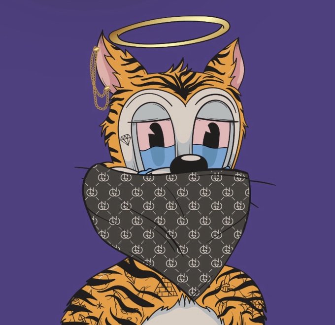 A digital illustration of a crying cartoon tiger character wearing a halo and a black Gucci-patterned bandana over its mouth, set against a purple background.