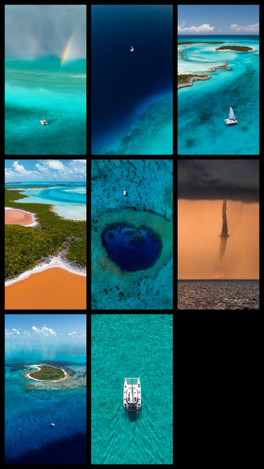 A grid of eight aerial and scenic photographs showcasing tropical islands, turquoise waters, sailboats, and underwater reef formations.