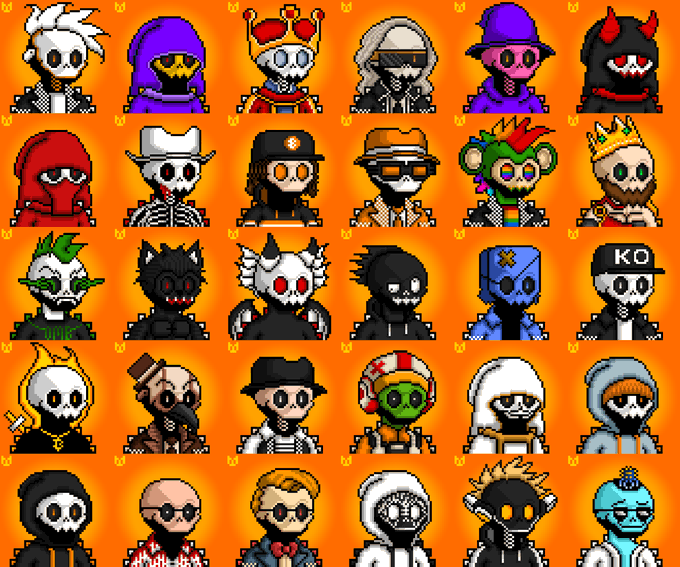 A grid of pixel art skull characters with various accessories and outfits against an orange background, including a king with a crown, a figure with purple hood, and one with devil horns.