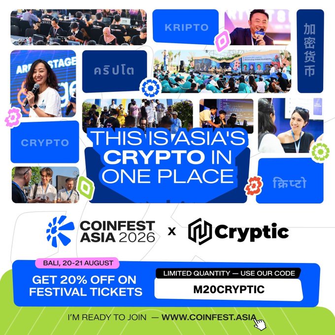A promotional banner for Coinfest Asia 2026 and Cryptic, advertising "Asia's Crypto in One Place" on August 20–21 in Bali, with code "M20CRYPTIC" offering 20% off festival tickets at coinfest.asia.