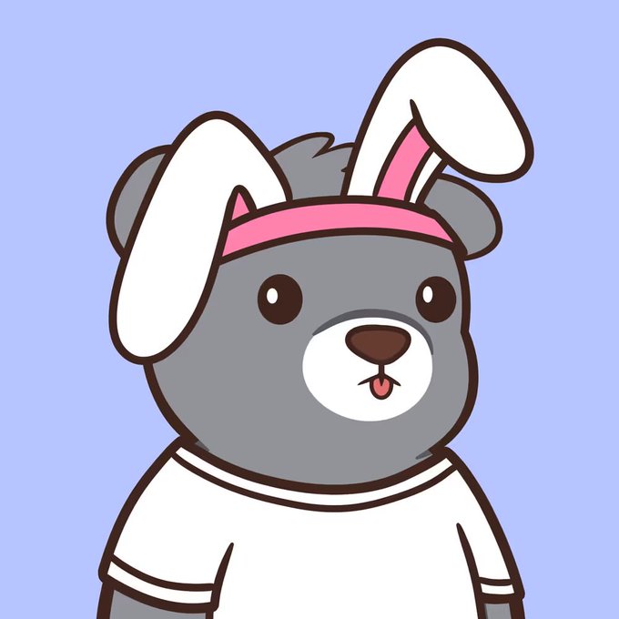 Cartoon illustration of a gray bear character wearing a white and pink bunny ear headband on a lavender background.
