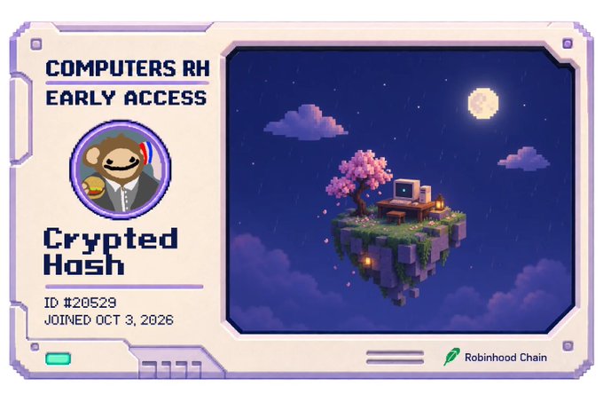 A pixel art style digital card labeled 'COMPUTERS RH EARLY ACCESS' featuring a sloth in a suit holding a coin, a username 'Crypted Hash', ID #20529, and a scene with a floating island and a computer, branded with 'Robinhood Chain'.