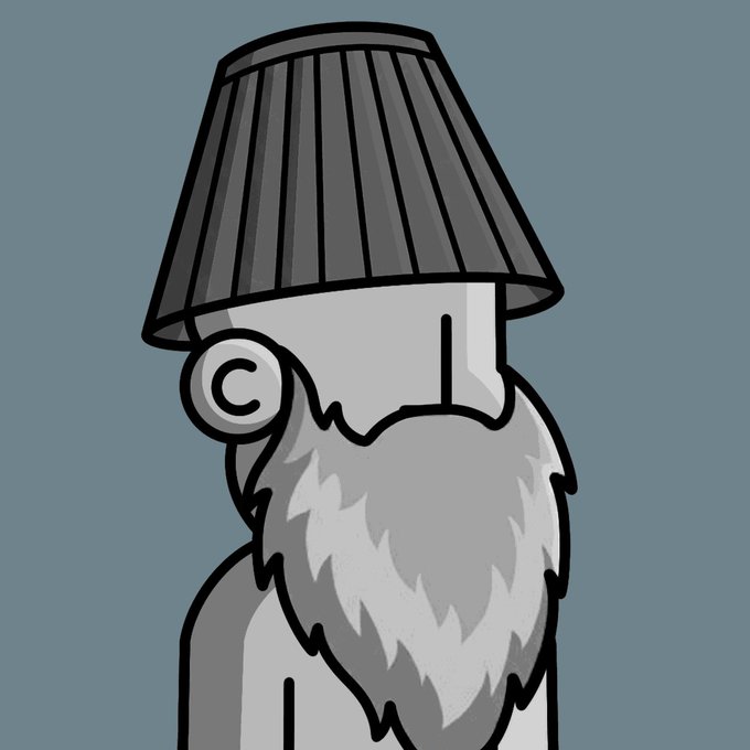 A cartoon illustration of a man with a long gray beard wearing a black lampshade over his head, featuring a copyright symbol on his cheek against a blue background.